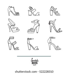 Lovely set with stylish fashion shoes, hand drawn and isolated on white background. Vector illustration showing various stiletto high heels sandals. Creative collection in black and white