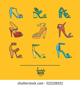 Lovely set with stylish fashion shoes, hand drawn and isolated on yellow background. Vector illustration showing various stiletto high heels sandals. Creative collection in different colors
