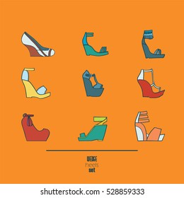 Lovely set with stylish fashion shoes, hand drawn and isolated on orange background. Vector illustration showing various wedge high heels sandals. Creative collection in different colors