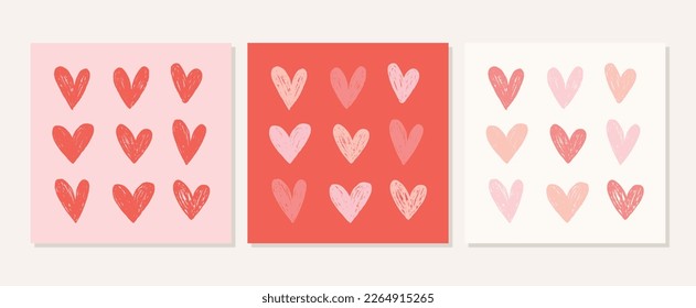 Lovely Set Of Three Square Graphics With Heart Patterns. Hand Drawn Vector Isolated Designs. Great for Valentine’s Day Greeting Cards Or Textile Prints.