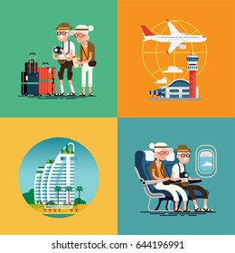 Lovely Set Of Vector Concept Illustration On Elderly Travel. Old Couple Traveling Visuals With Luggage, Airport Terminal, Plane, Resort Hotel And Cabin Seats