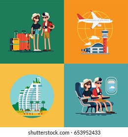Lovely set of vector concept illustration on traveling couple. Young adult couple traveling visuals with luggage, airport terminal, plane, resort hotel and liner cabin seats