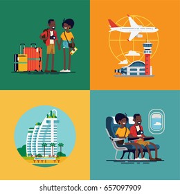 Lovely Set Of Vector Concept Illustration On African Traveling Couple. Young Adult African American Couple Traveling Visuals With Luggage, Airport Terminal, Plane, Resort Hotel And Liner Cabin Seats