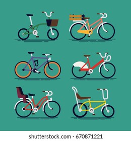 Lovely set of vector flat design minimalistic bicycles. Foldable, fixed gear, public share, lowrider and classic bicycles