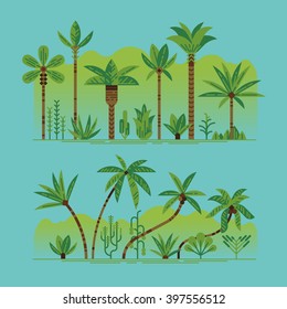 Lovely set of vector green palm trees and other tropical exotic plants. Lush forest. Rainforest jungle trees, plants, shrubs and bushes, paradise beach resort crooked palm trees, trendy flat design