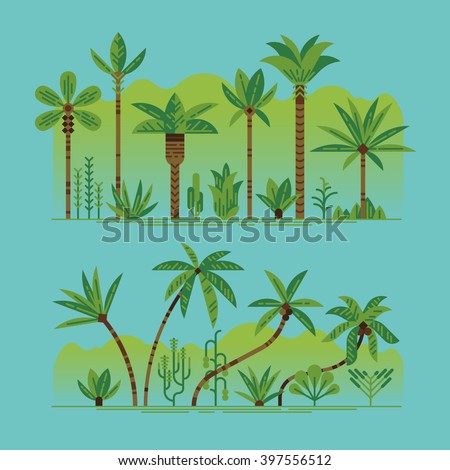 Lovely set of vector green palm trees and other tropical exotic plants. Lush forest. Rainforest jungle trees, plants, shrubs and bushes, paradise beach resort crooked palm trees, trendy flat design
