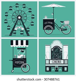 Lovely Set Of Vector Illustration On Entertainment And Recreation Featuring Ferris Observation Luna Park Giant Wheel, Cinema Movie Theater, Ice Cream And Popcorn Portable Carts With Awnings