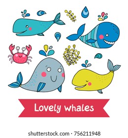 Lovely set of vector illustrations of whales and a crab.