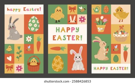 Lovely set of vertical Easter posters in Bauhaus style with colorful clipart. Trendy collection of geometric, abstract banners, story covers with fluffy bunny, painted Easter egg, cute chick, tulip.