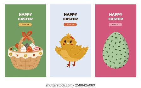 Lovely set of vertical Happy Easter posters with cute baby chicken, holiday basket with painted Easter egg. Trendy minimalist collection of banner, cover, background with colorful cartoon clipart.