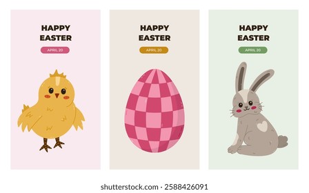 Lovely set of vertical Happy Easter posters in minimalist style with cute baby chick, fluffy Easter bunny, checked painted egg. Trendy collection of banner, cover, background with colorful clipart.