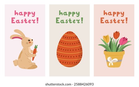 Lovely set of vertical Happy Easter posters with fluffy bunny with carrot, striped Easter egg, tulip. Trendy minimalist pack of banner, background with colourful clipart and hand drawn lettering.