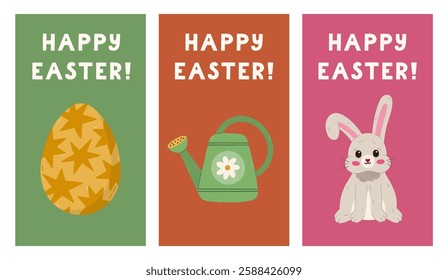 Lovely set of vertical Happy Easter posters with cute bunny with bent down ear, Easter egg, watering can. Trendy minimalist pack of banner, cover with colorful clipart and hand drawn lettering.