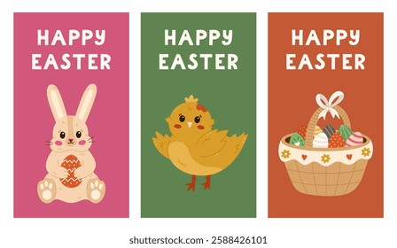 Lovely set of vertical Happy Easter posters with funny bunny, greeting chick, basket full of patterned Easter egg. Trendy pack of simple banner, background with colourful clipart and lettering.