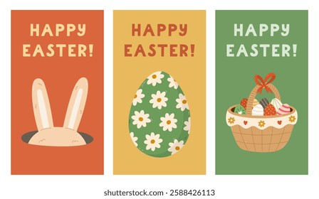 Lovely set of vertical Happy Easter posters in minimalist style with fluffy bunny ears hiding in hole, basket with painted eggs. Trendy collection of banner, cover, background with colorful clipart.