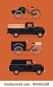 Lovely set of vintage graphic illustrations on retro local delivery transport with pickup and pane light duty trucks and cargo freight bicycles. Ideal for delivery service business graphic design