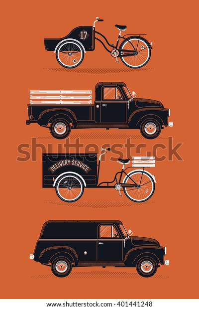 Lovely set of vintage graphic illustrations on\
retro local delivery transport with pickup and pane light duty\
trucks and cargo freight bicycles. Ideal for delivery service\
business graphic design