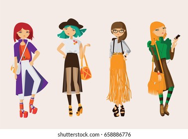 Lovely set young hipster girls drawn in casual street clothes in bright colors. Collection with 4 different characters with glasses, various hairstyle and accessories. Vector hand drawn illustration