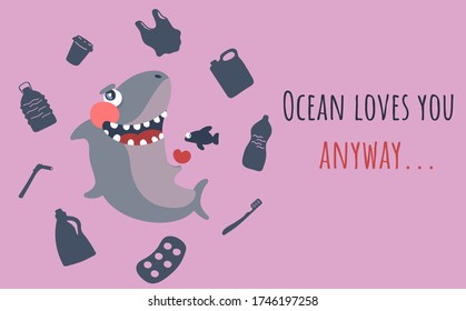 Lovely shark is smiling and handing over small heart surrounded with plastic bag, cup, packages
