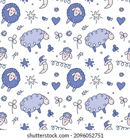 Lovely sheep. Children's seamless vector pattern for the nursery. Illustration for fabric, wallpaper, paper. Blue pastel colors for a boy