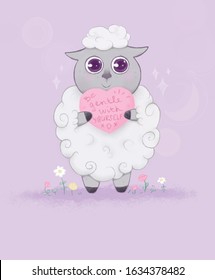 Lovely sheep holding valentine day greeting card. 