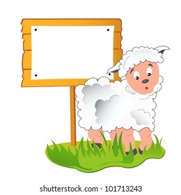 Lovely  sheep and  wooden sign  isolated on green grassplot. white background