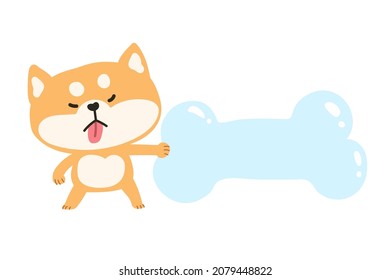 Lovely Shiba dog standing and holding a blank bone-shaped balloon for message. Cartoon for children's decoration, print, greeting card, invitation, nameplate, template. Flat vector illustration.