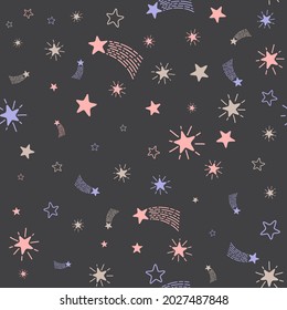 Lovely shooting stars meteor shower vector seamless pattern. Simple cosmic hand drawn doodle shooting stars. Cute meteor rain seamless pattern kids design. Baby shower gift wrapping.