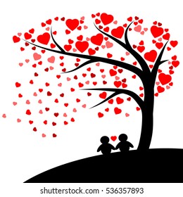 Lovely silhouette couple under the tree with Red hearts fall vector isolated on white background