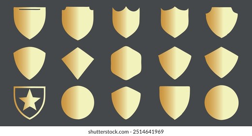 Lovely silhouettes of shields made in gold. Labels for the police, military, soccer, and other sports are shaped by golden badges. 
