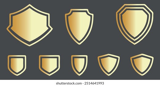 Lindas silhuetas de escudos feitos em ouro. Etiquetas para a polícia, militares, futebol e outros esportes são moldadas por distintivos dourados. 
