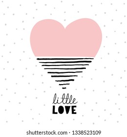 Lovely Simple Abstract Pink Heart with Black Hand Drawn Lines. Love symbol Isolated on a White Background. Light Gray Polka Dots Layout. Baby Shower Vector Card.