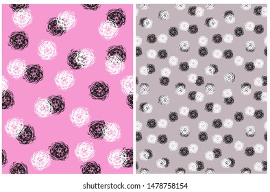 Lovely Simple Hand Drawn Irregular Geometric Patterns. White and Black Brush Style Spots Isolated on a Light Pink and Gray Background. Children's Scrawl Like Repeatable Design. 