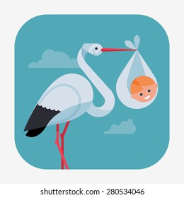 Lovely and simple vector geometric flat design web icon on childbirth with white stork holding smiling newborn baby