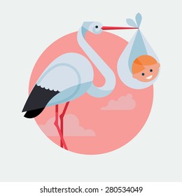 Lovely and simple vector geometric flat design round icon on childbirth with white stork holding smiling newborn baby