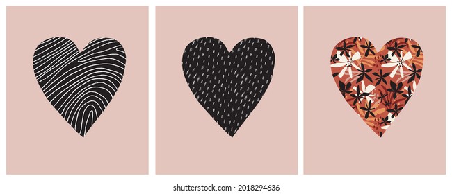 Lovely Simple Vector Illustration Set with Abstract Hearts with Hand Drawn Lines, Spots and Floral Print. Love Symbol Isolated on a Light Blush Pink Background. Romantic Art ideal for Card, Poster.