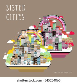 Lovely Sister Cities Landscape In Flat Style 