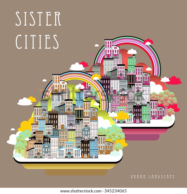 Lovely Sister Cities Landscape Flat Style image vectorielle de stock