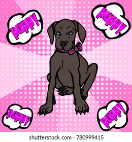 Lovely sitting brown Doberman puppy and the inscription Puppy in bubbles. Pop art retro comic vector illustration isolated on a pink background with dots.