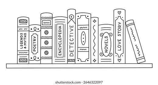 Adorável estante de esboço com livros de diferentes gêneros. Longa estante com literatura de ficção, enciclopédia, poesia, história de amor, detetive, romance, lenda e mitos. Leitura de rabisca isolada em branco.