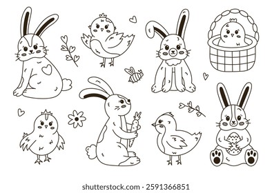 Lovely sketch doodle set with Easter bunny and baby chick in different poses. Funny hand drawn rabbit holding Easter egg, with bent down ear, chicken waving wings. Symbol of religious spring holiday.