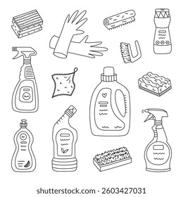 Lovely sketch doodle set with washing bottles and supplies. Hand drawn laundry and dishwashing gel, rubber gloves, sponges, rags, dispenser. Funny sanitize line clipart isolated on background