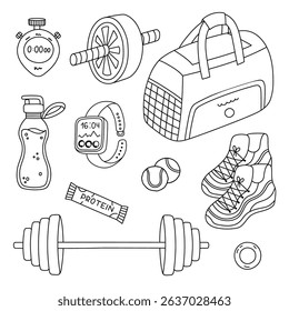 Lovely sketch fitness set with different sport inventory. Hand drawn doodle athletic, workout collection with gym bag, barbell for weightlifting, press roller, sneakers isolated on white background.