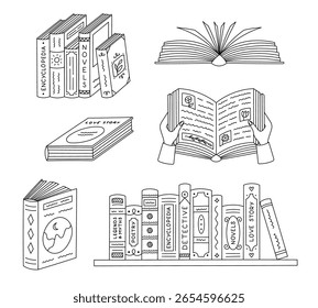 Bonito esboço conjunto com livraria, doodle de literatura. Na moda mão desenhou poesia, enciclopédia, detetive, lenda e mitos na estante, livros abertos. Ícone de contorno da biblioteca isolado no plano de fundo branco.