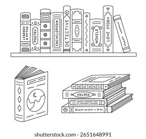 Conjunto de esboço encantador com doodle de leitura. Estante com livros de diferentes gêneros, pilha de literatura em capa dura. Desenhado à mão esboço da biblioteca rabiscar para conhecimentos isolados no fundo branco.