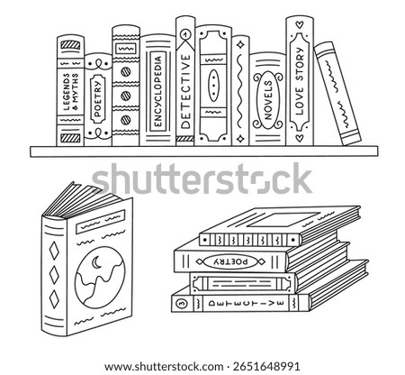 Lovely sketch set with reading doodle. Bookcase with books of different genres, stack of literature in hardcover. Hand drawn library outline doodle for knowledges isolated on white background.