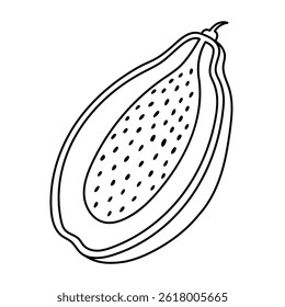 Lovely sketch tropical papaya fruit with seeds cut in half. Outline doodle of summery exotic food for greeting card, printing, social media. Cute ripe tasteful fruit isolated on white background.