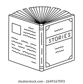 Lindo esboço amplo livro aberto com histórias, romances. Garatuja engraçada com esboço desenhado à mão de ficção, literatura de fantasia para leitura, aprendizado na escola, universidade. De volta à escola, vetor educacional.