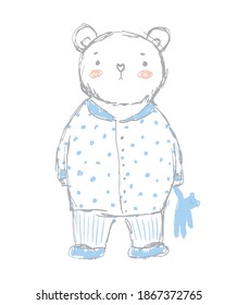 Lovely Sleepy Baby Bear in a Blue Dotted Pajama. Cute Printable Nursery Art with Little White Bear. Hand Drawn Vector Illustration with Teddy Bear. Funny Print ideal for Card, Wall Art, Poster.