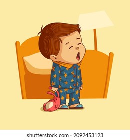 Lovely sleepy kid ready for bed, vector illustration. Cute yawning boy wearing a pajama with stars pattern holding a stuffed bunny standing in the bedroom. Cartoon child, lovely kid, nice toddler